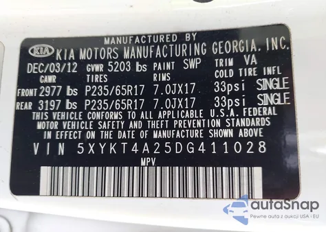 2013 Kia Sorento Lx V6 из США, поврежденный, VIN 5XYKT4A25DG411028